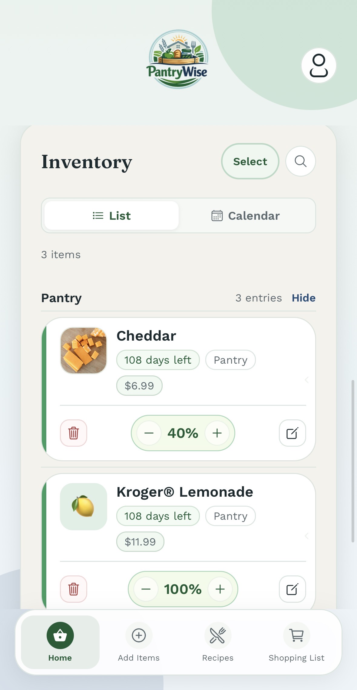 PantryWise pantry inventory screen with quantities and expiration dates