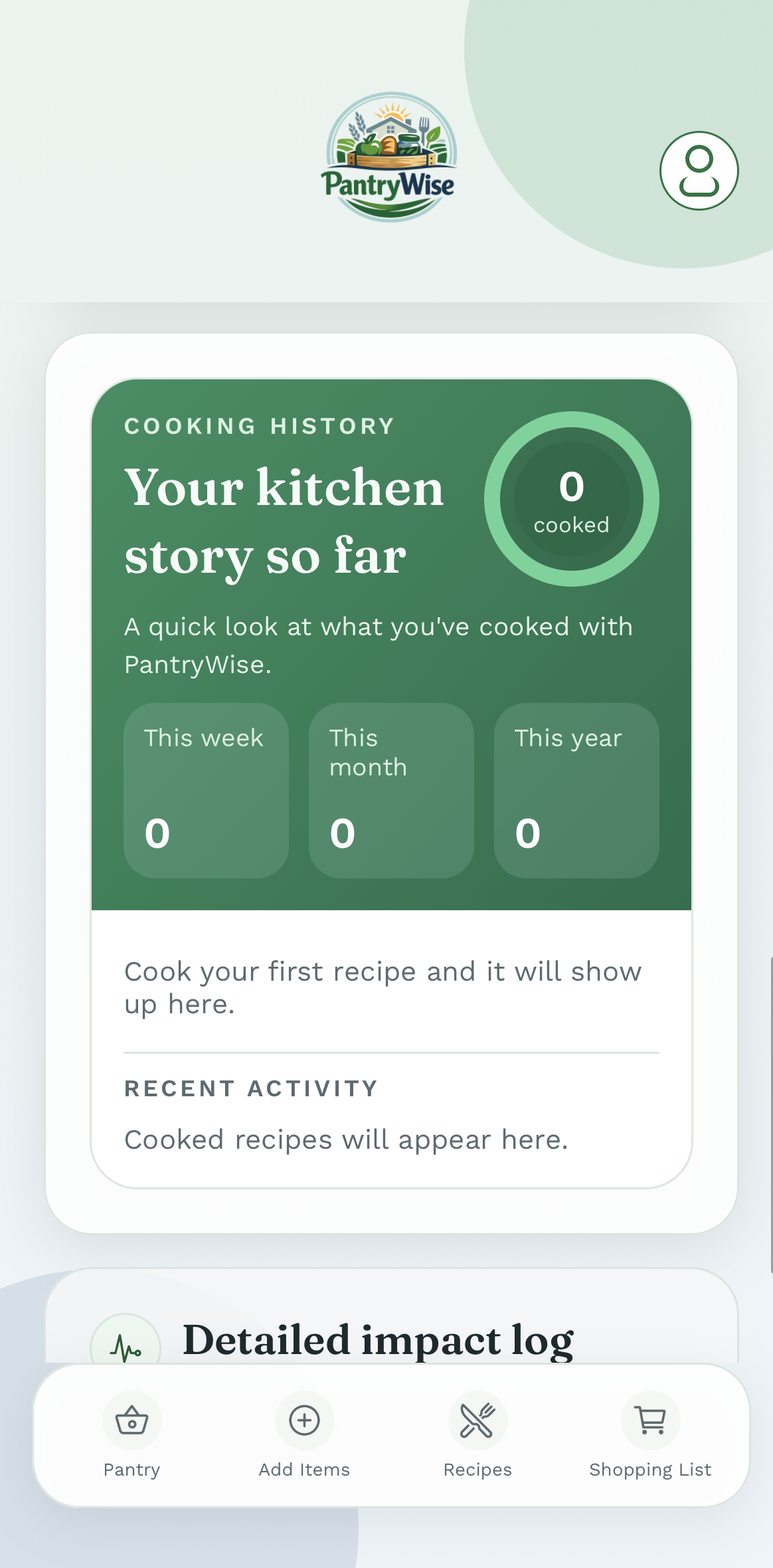 PantryWise cooking history and meal planning screen