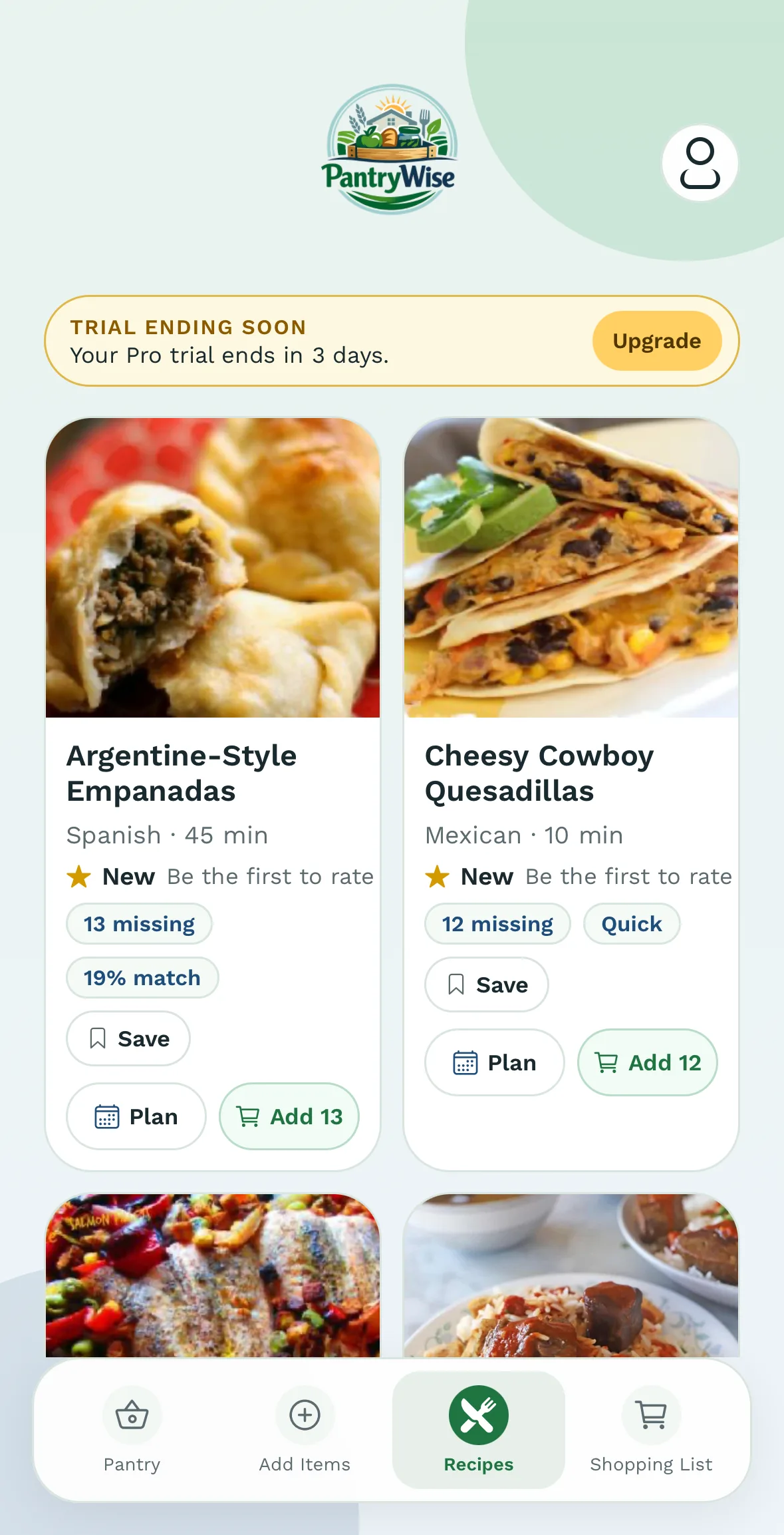 Recipe ideas based on pantry ingredients in PantryWise