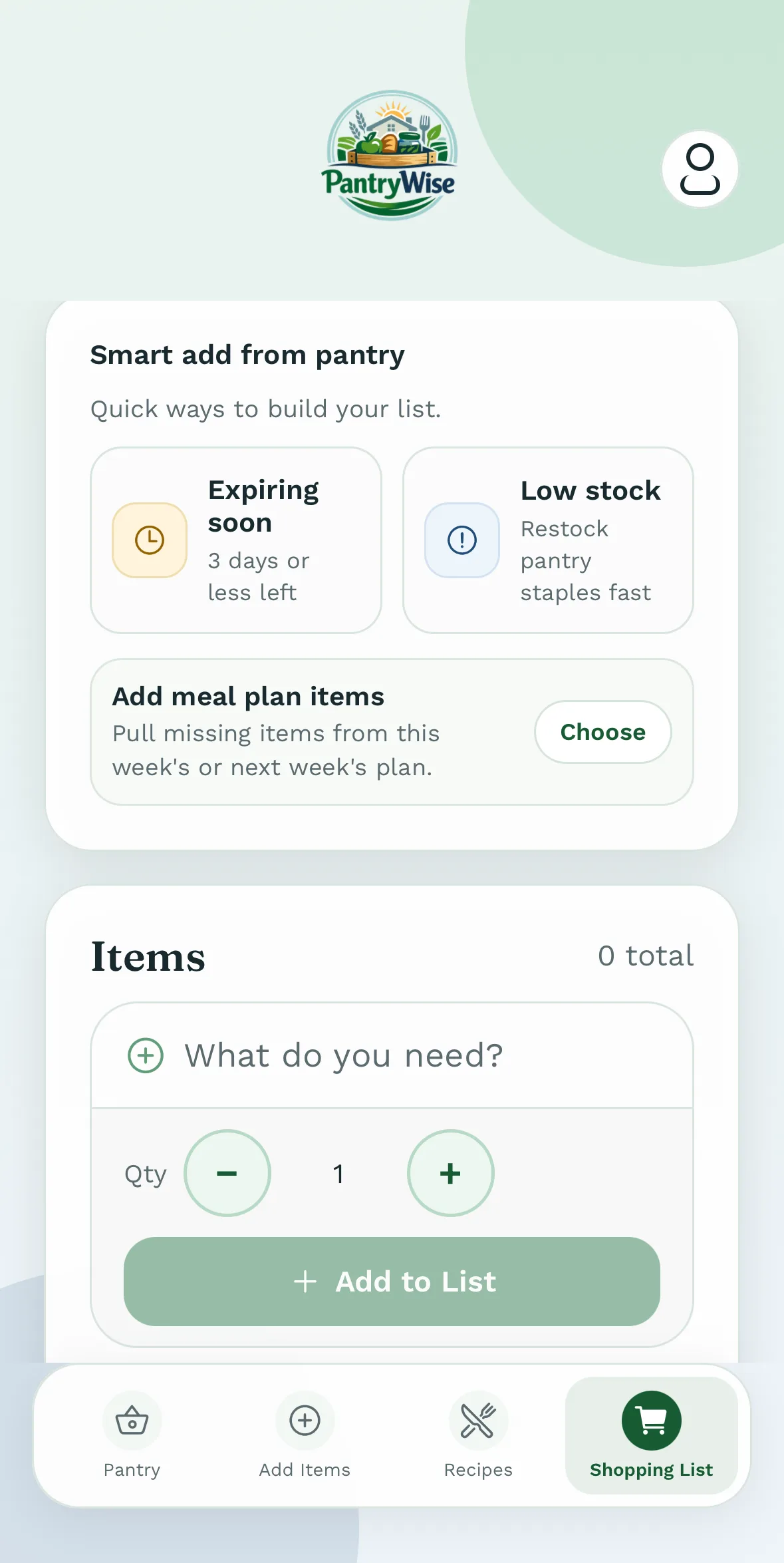Shared grocery shopping list in PantryWise